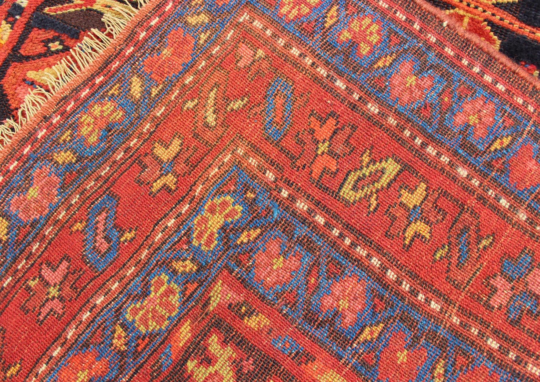 All-Over Tribal Design Antique Persian Kurdish Rug in Blue & Red For Sale 2