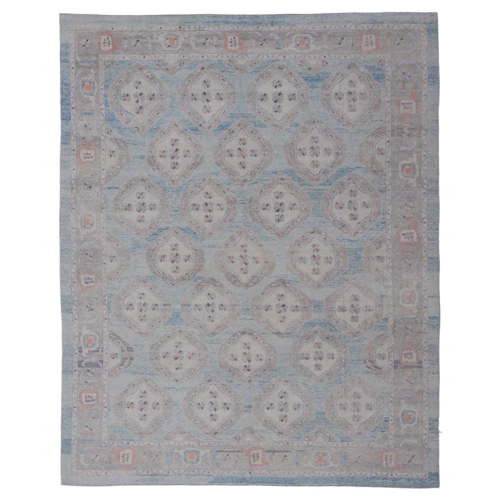 All-Over Tribal Motifs Design Light Blue with Hints of Orange Turkish Oushak Rug