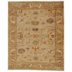 All-Over Turkish Oushak Vintage Rug in Green and Multi Colors