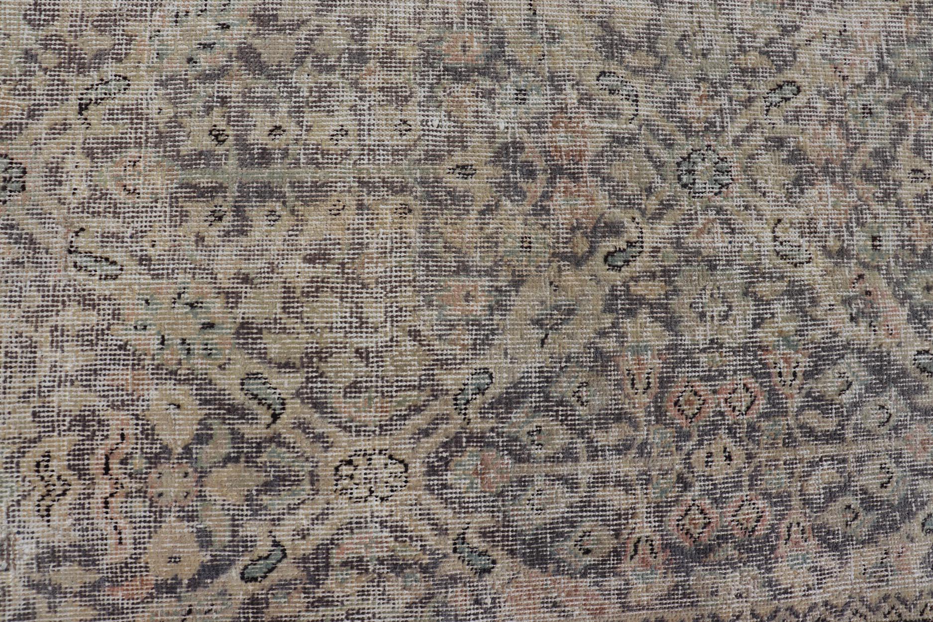 All-Over Vintage Turkish Distressed Rug in Cream, Lavender, Taupe, and Green For Sale 4