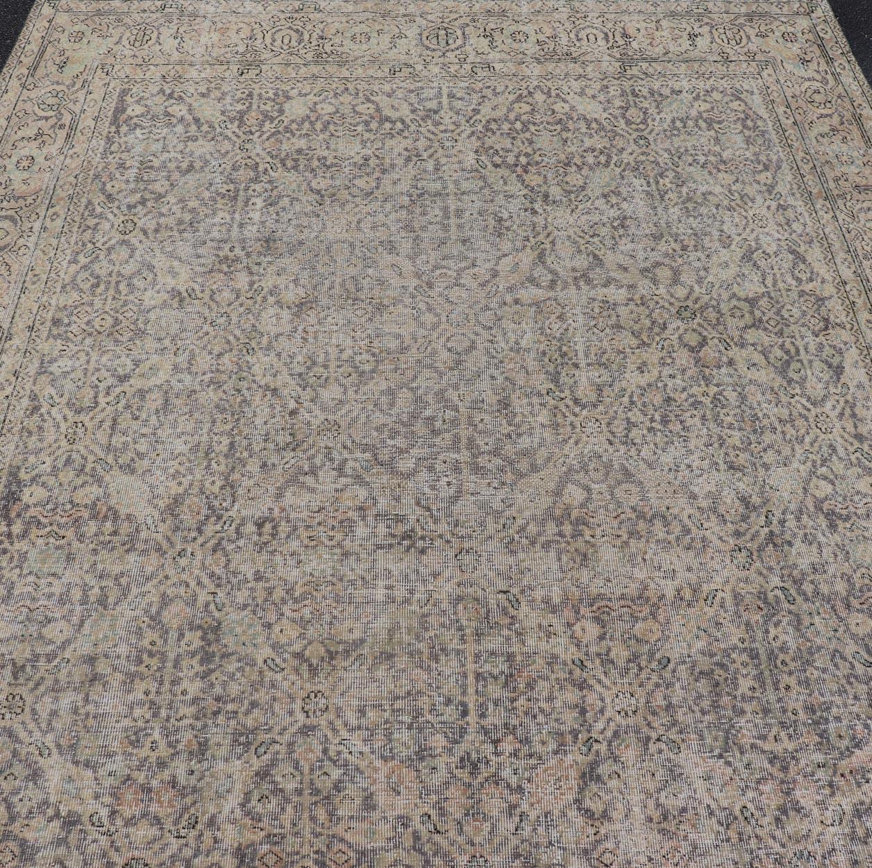 Oushak All-Over Vintage Turkish Distressed Rug in Cream, Lavender, Taupe, and Green For Sale