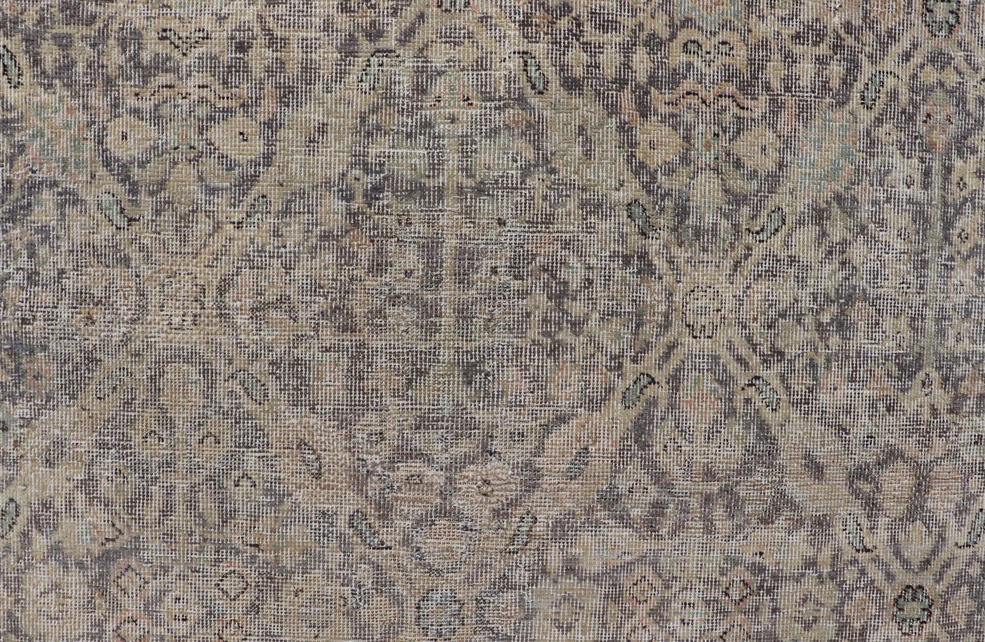 20th Century All-Over Vintage Turkish Distressed Rug in Cream, Lavender, Taupe, and Green For Sale