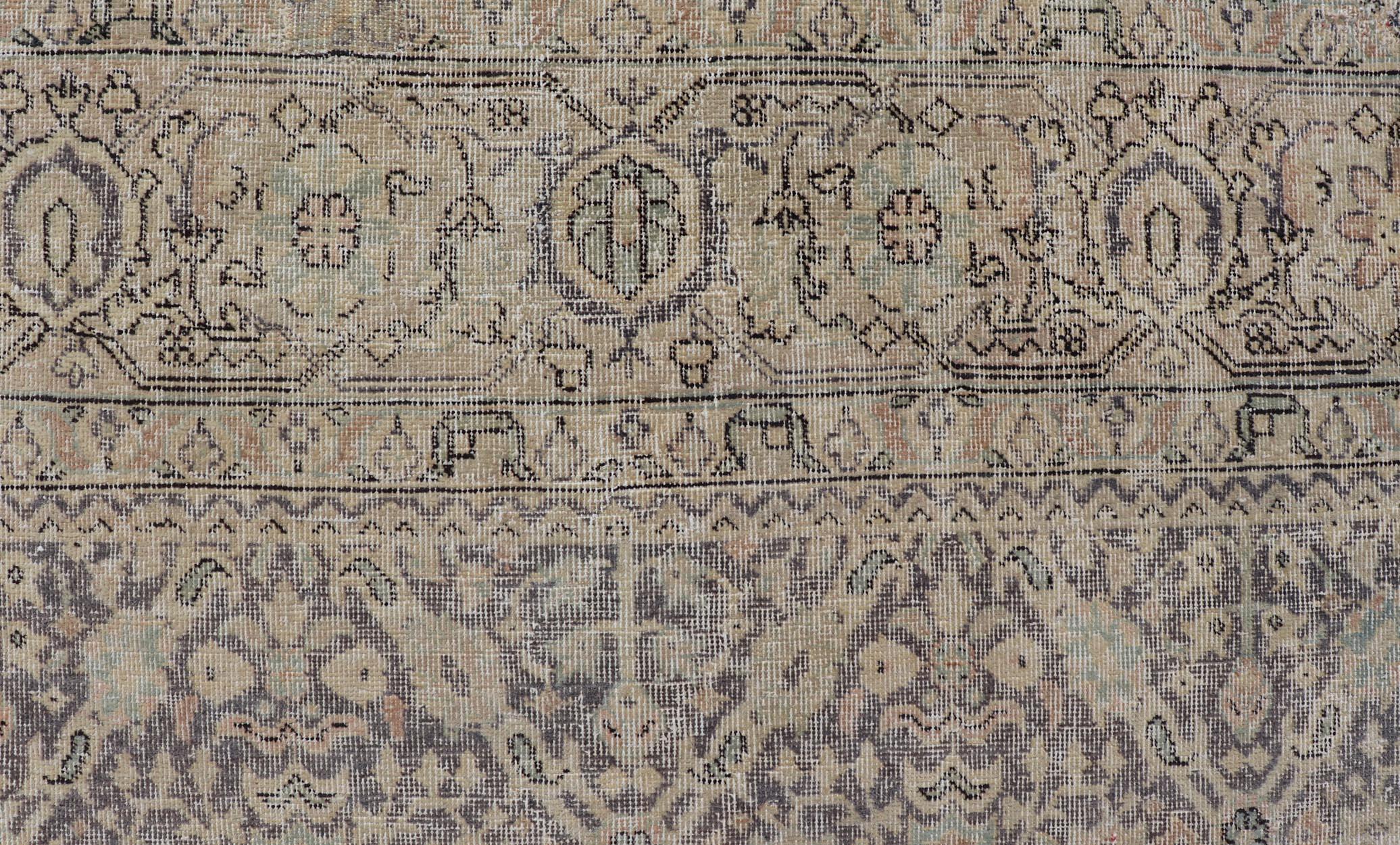 Wool All-Over Vintage Turkish Distressed Rug in Cream, Lavender, Taupe, and Green For Sale