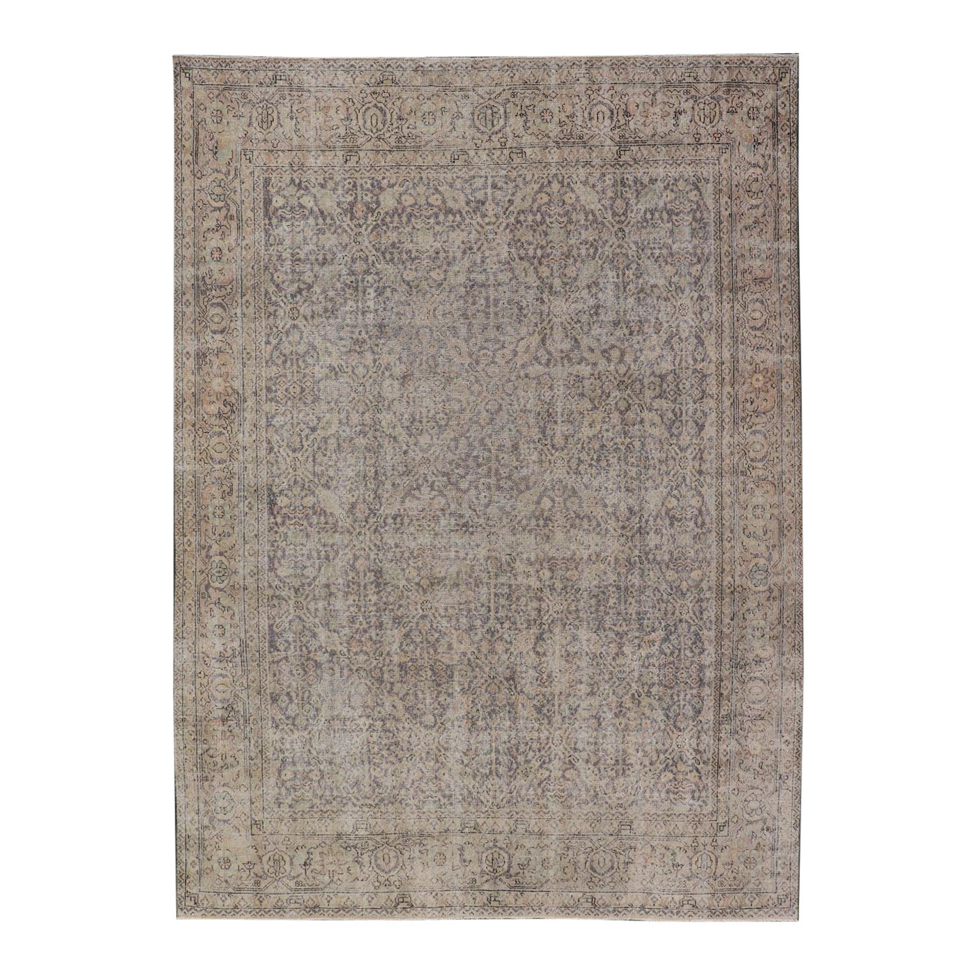 Tappeto vintage turco invecchiato in Crema, Lavanda, Taupe e Verde