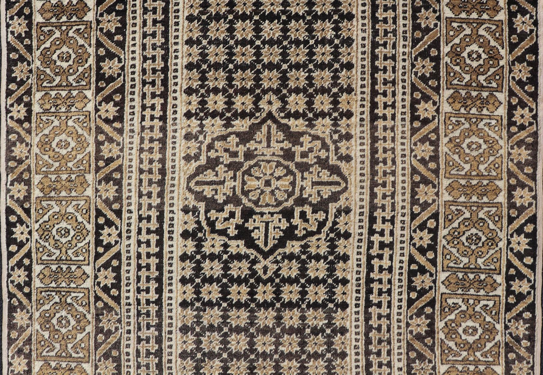 Hand-Knotted All-Over with Medallion Design Turkish Carpet in Shades of Brown and Cream For Sale