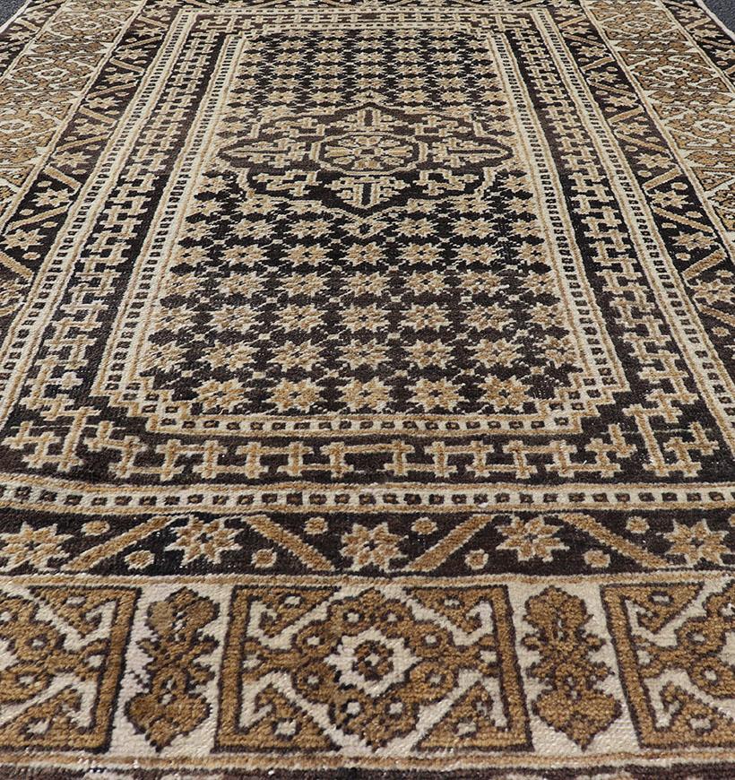 Wool All-Over with Medallion Design Turkish Carpet in Shades of Brown and Cream For Sale
