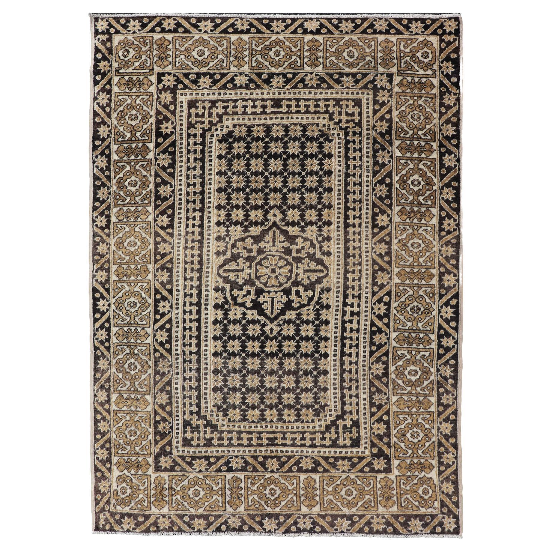 All-Over with Medallion Design Turkish Carpet in Shades of Brown and Cream