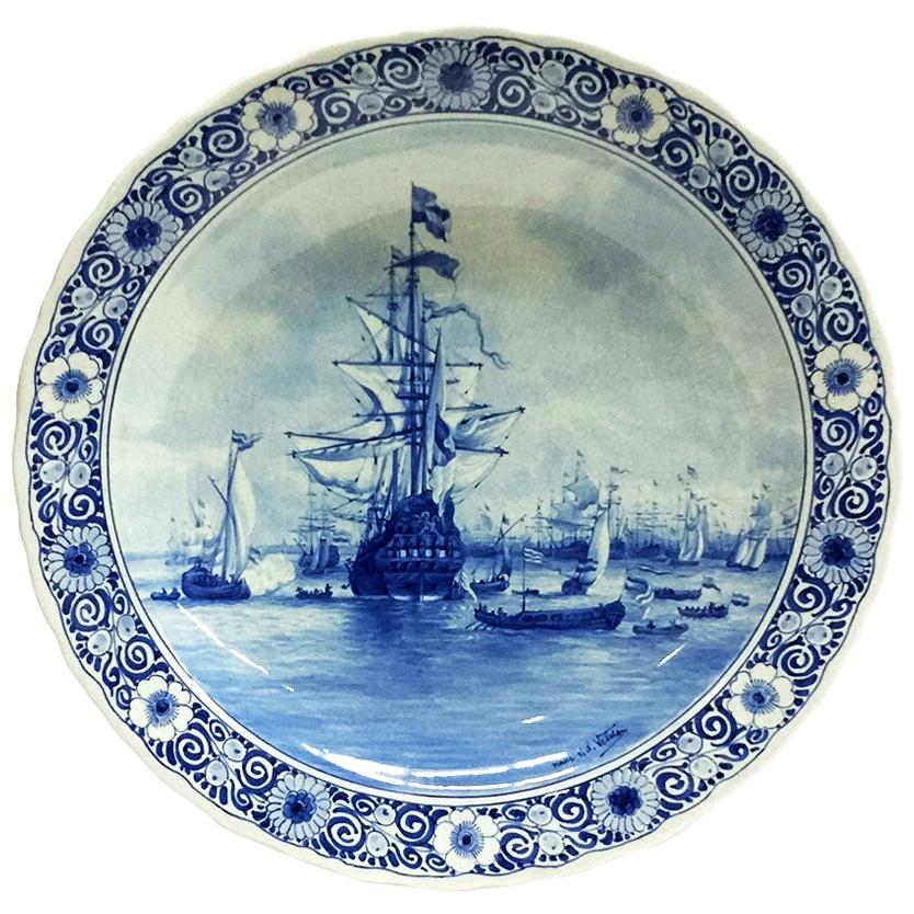 Wall Plate by Delft Porceleyne Fles, After a Painting by Van de Velde, 1898 For Sale