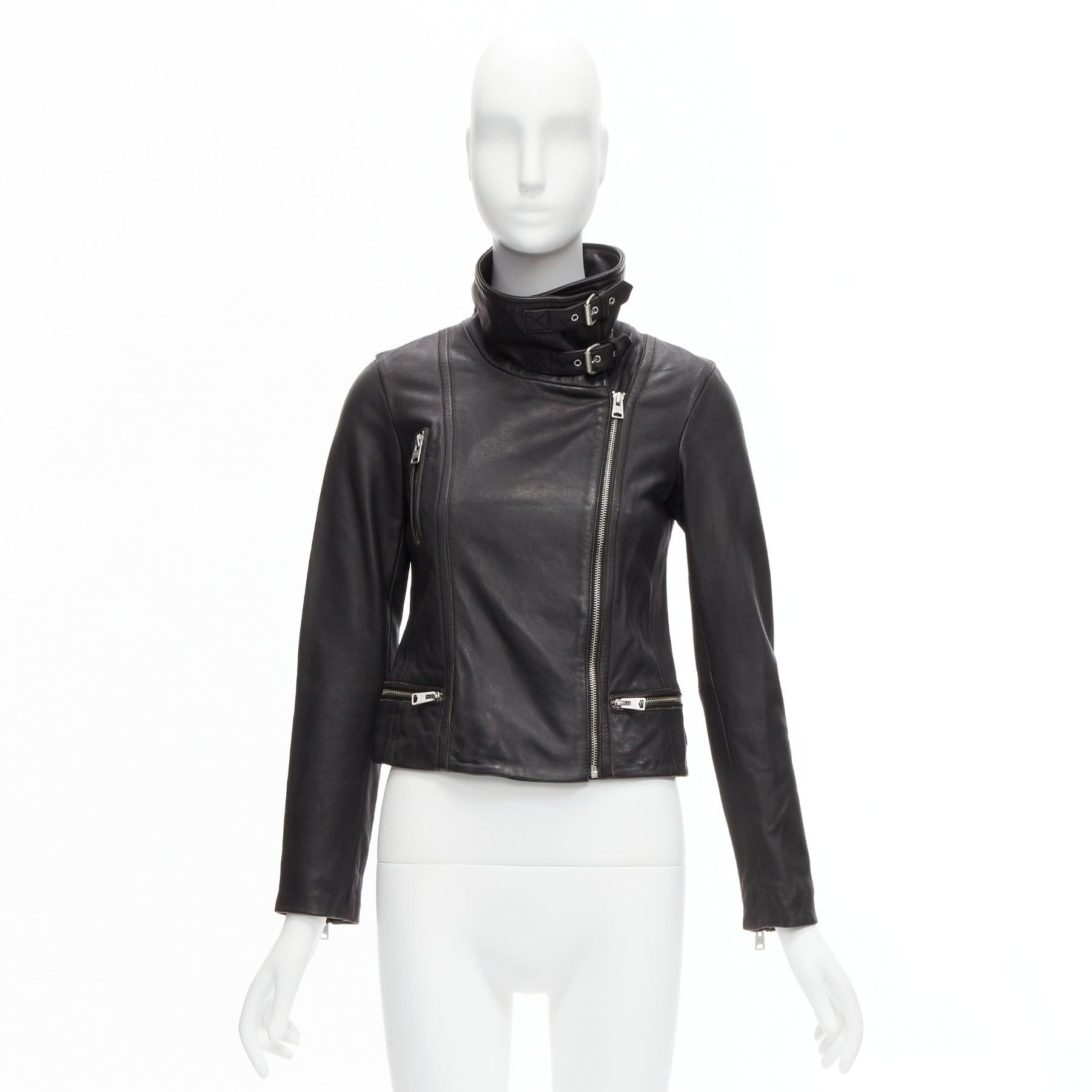ALL SAINTS Bales black lamb leather buckles funnel collar biker jacket UK6 XS For Sale 7
