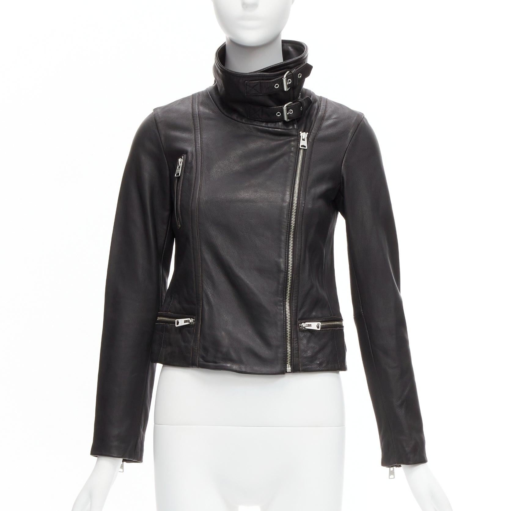Black ALL SAINTS Bales black lamb leather buckles funnel collar biker jacket UK6 XS For Sale
