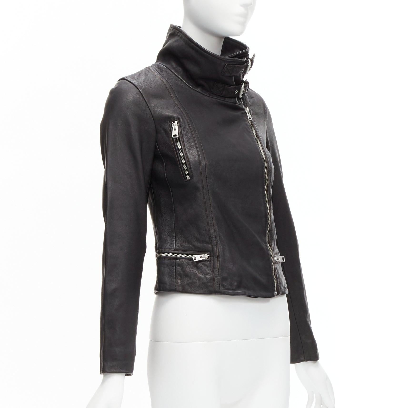 Women's ALL SAINTS Bales black lamb leather buckles funnel collar biker jacket UK6 XS For Sale