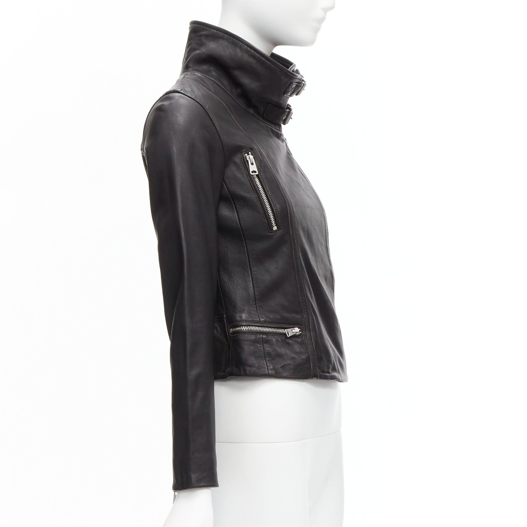 ALL SAINTS Bales black lamb leather buckles funnel collar biker jacket UK6 XS For Sale 1