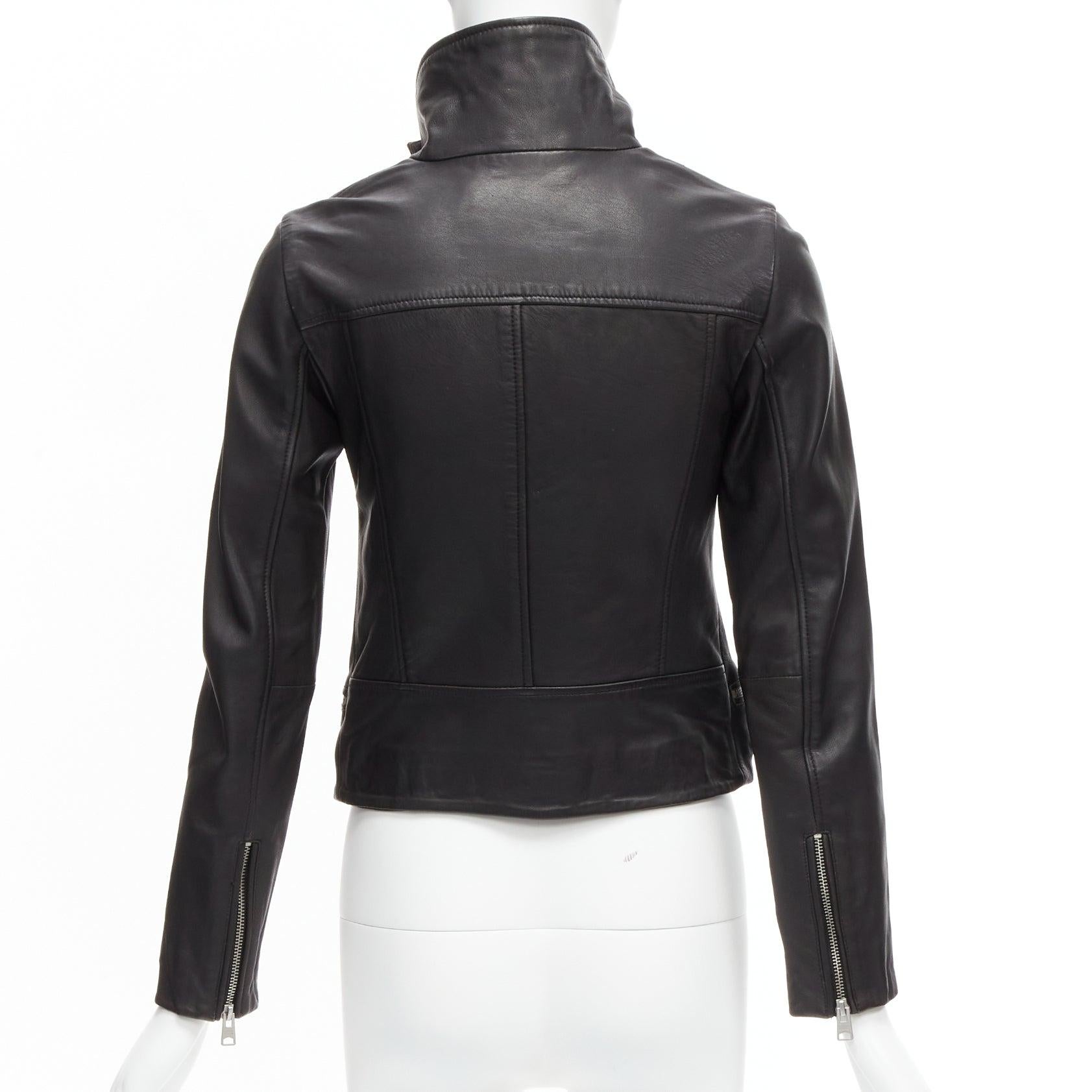 ALL SAINTS Bales black lamb leather buckles funnel collar biker jacket UK6 XS For Sale 2