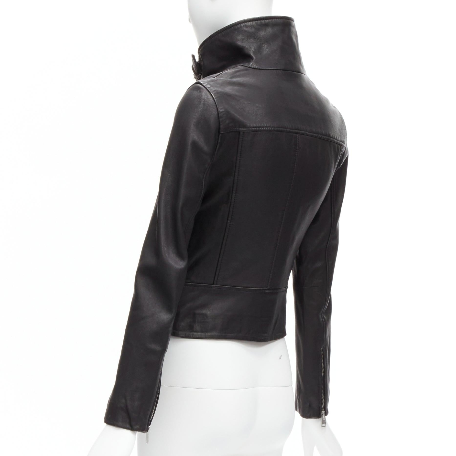 ALL SAINTS Bales black lamb leather buckles funnel collar biker jacket UK6 XS For Sale 3
