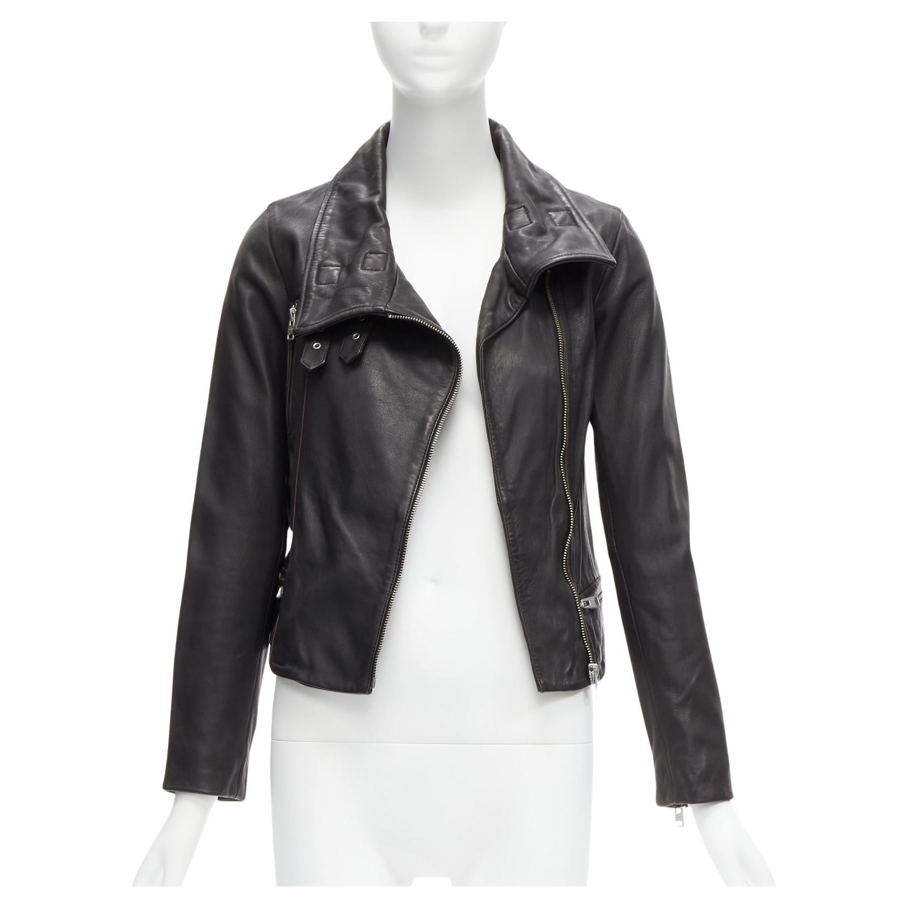 ALL SAINTS Bales black lamb leather buckles funnel collar biker jacket UK6 XS For Sale