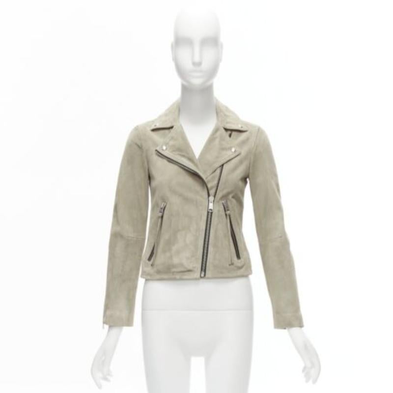 ALL SAINTS Chaqueta motera clásica Dalby de ante de cabra gris y herrajes plateados UK6 XS en venta 7