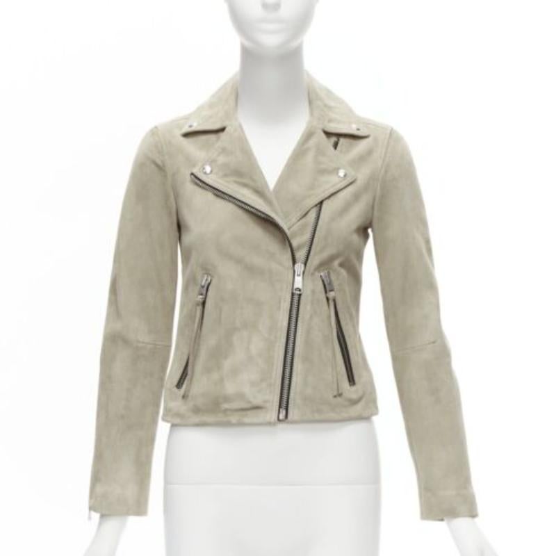 ALL SAINTS Chaqueta motera clásica Dalby de ante de cabra gris y herrajes plateados UK6 XS Beige en venta