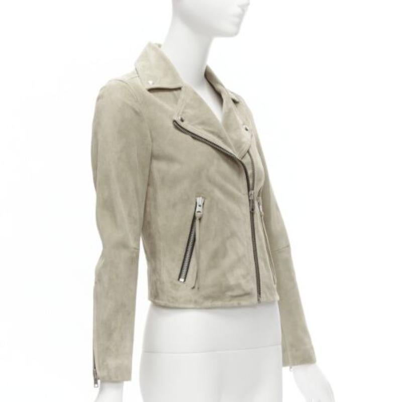 De las mujeres ALL SAINTS Chaqueta motera clásica Dalby de ante de cabra gris y herrajes plateados UK6 XS en venta