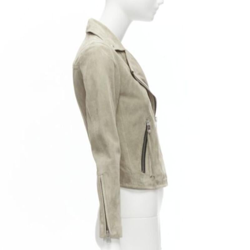 ALL SAINTS Chaqueta motera clásica Dalby de ante de cabra gris y herrajes plateados UK6 XS en venta 1