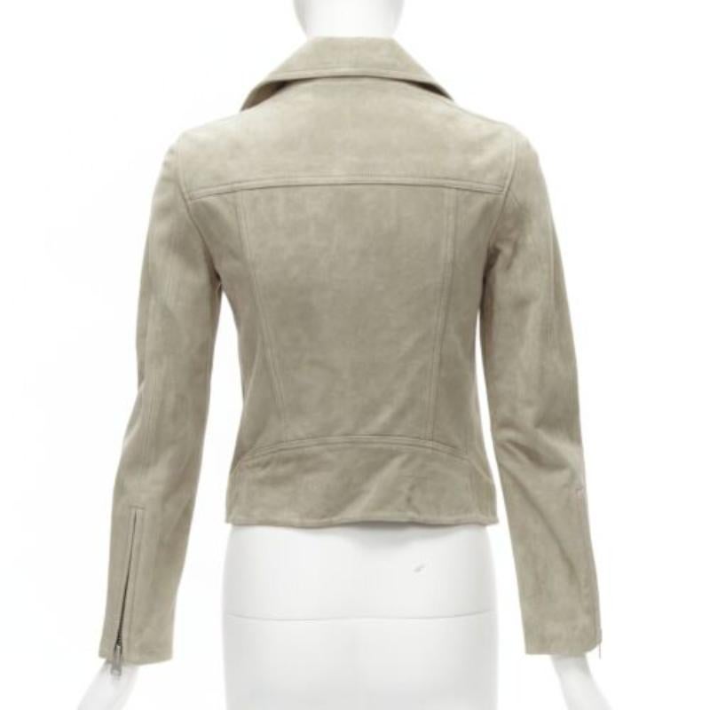 ALL SAINTS Chaqueta motera clásica Dalby de ante de cabra gris y herrajes plateados UK6 XS en venta 2