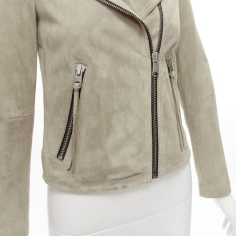 ALL SAINTS Chaqueta motera clásica Dalby de ante de cabra gris y herrajes plateados UK6 XS en venta 4
