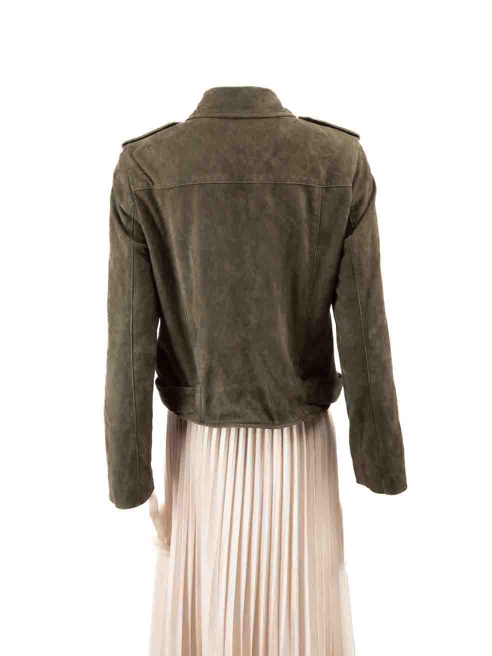 All Saints Khaki Suede Zipped Biker Jacket Size XL In Good Condition For Sale In London, GB