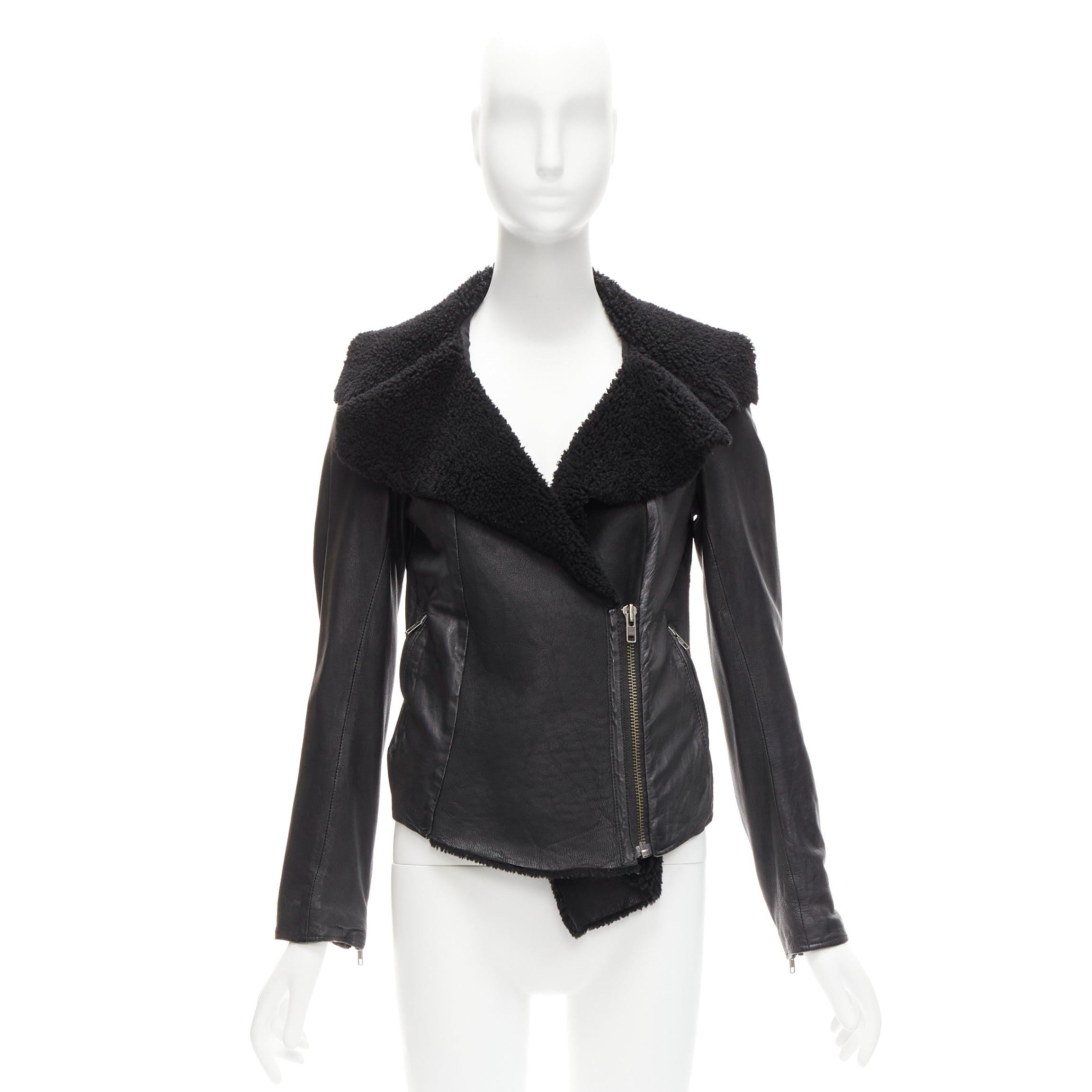 ALL SAINTS Nene black sheepskin leather shearling lined biker jacket UK8 S For Sale 6