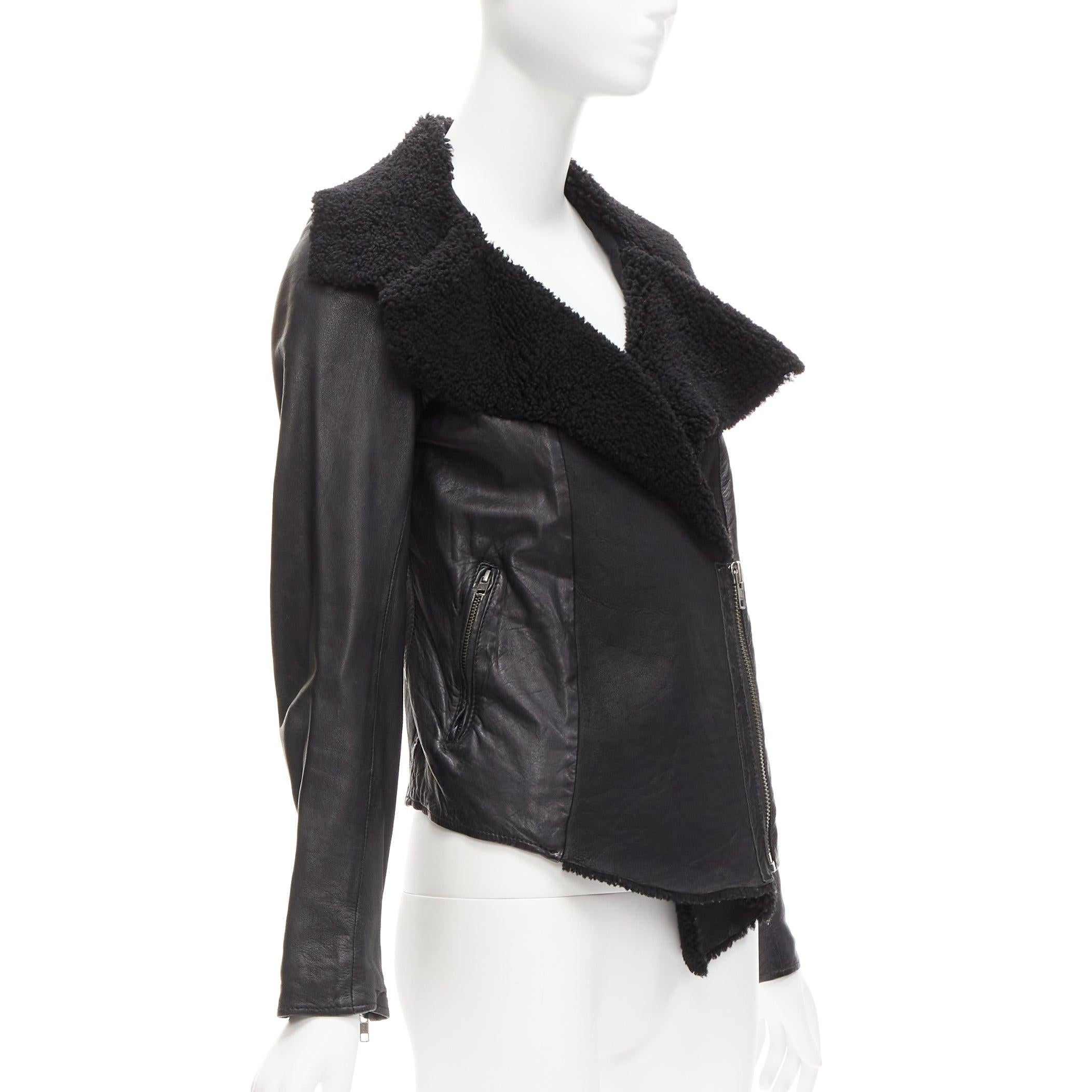 Black ALL SAINTS Nene black sheepskin leather shearling lined biker jacket UK8 S For Sale