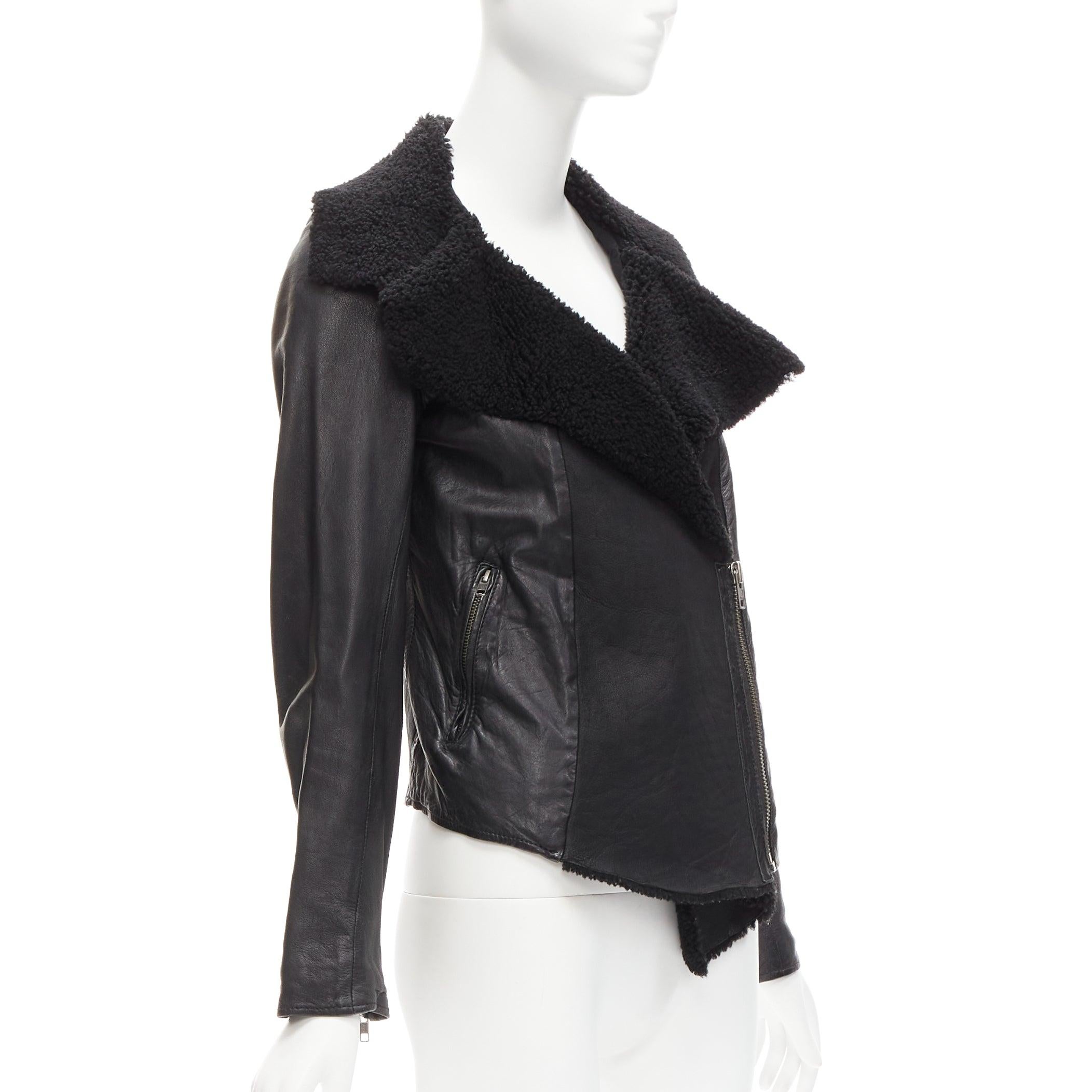 Black ALL SAINTS Nene black sheepskin leather shearling lined biker jacket UK8 S