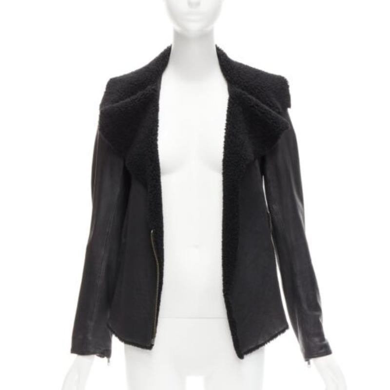Nero ALL SAINTS Nene, giacca biker in pelle di pecora nera foderata di shearling UK8 S in vendita