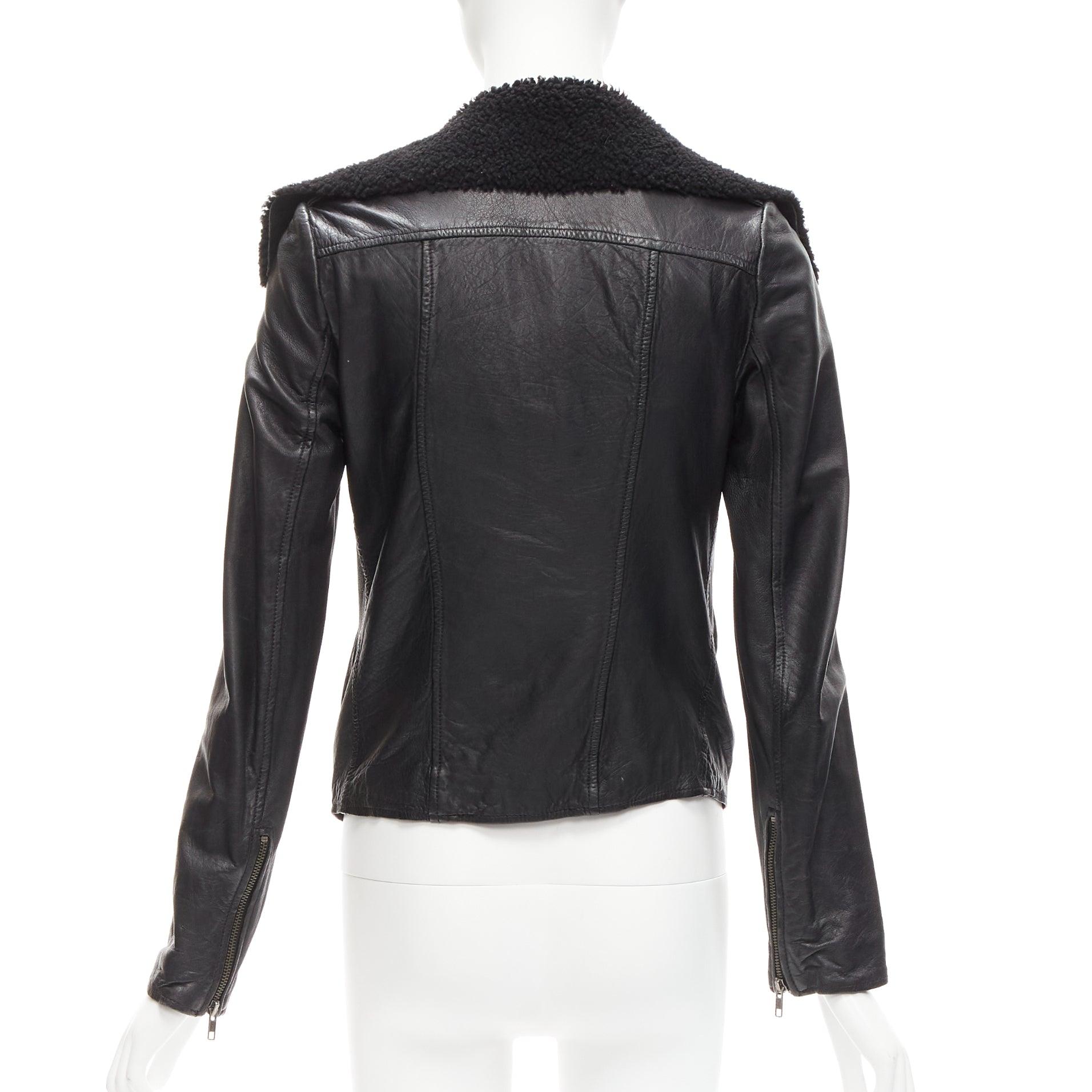 ALL SAINTS Nene black sheepskin leather shearling lined biker jacket UK8 S 1