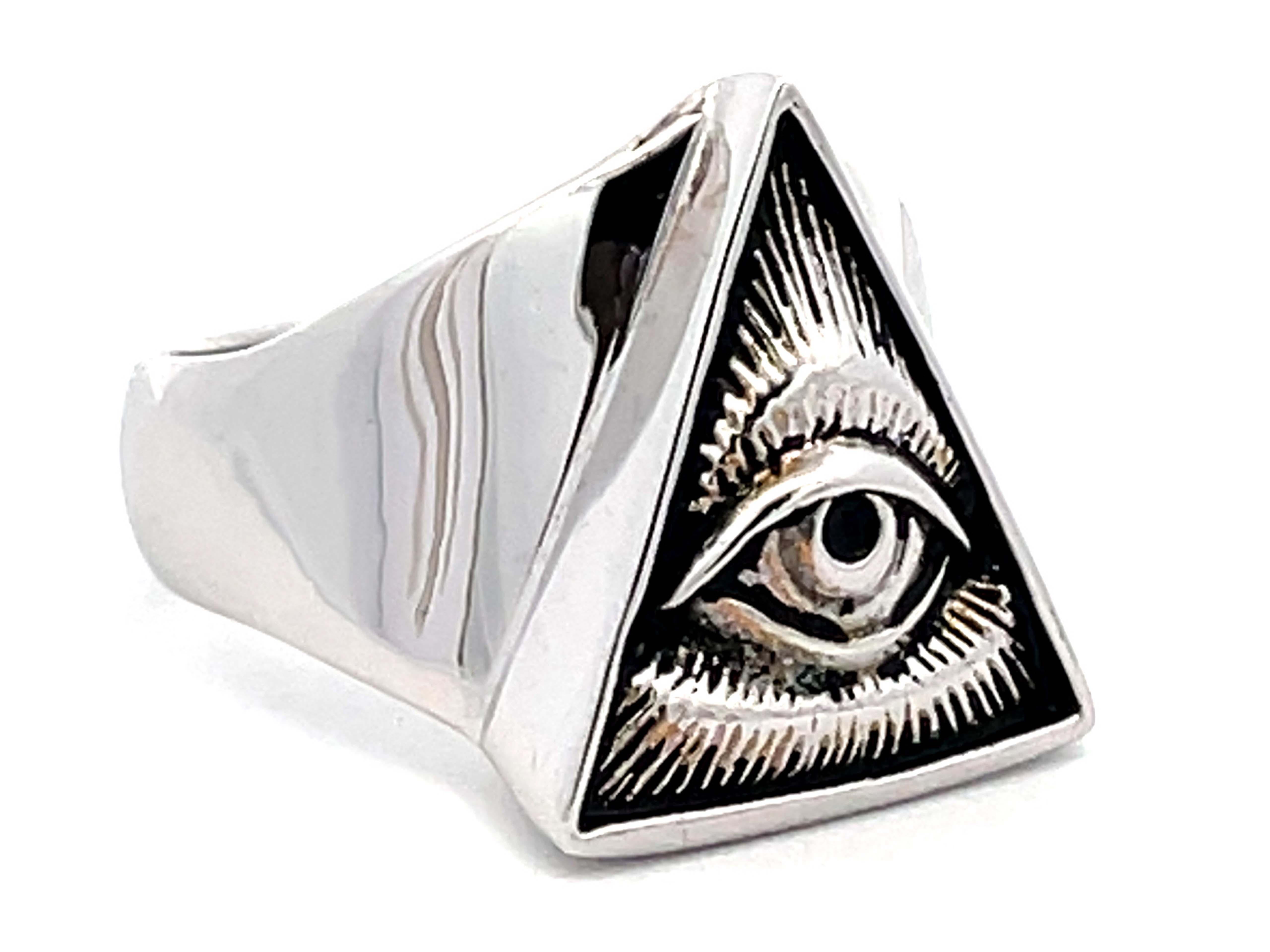 Modern All Seeing Eye Triangle Ring in 18k White Gold For Sale