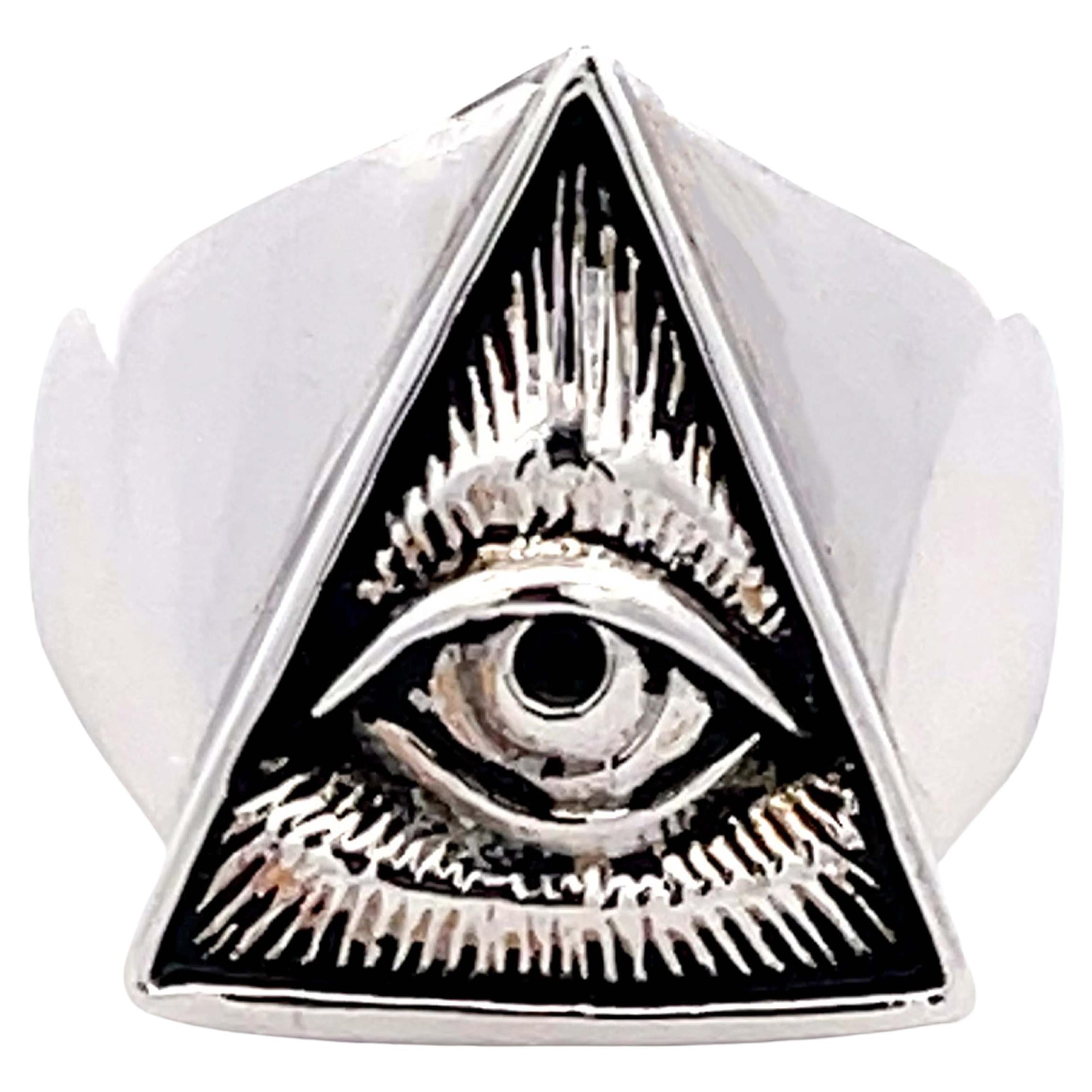 All Seeing Eye Triangle Ring in 18k White Gold For Sale