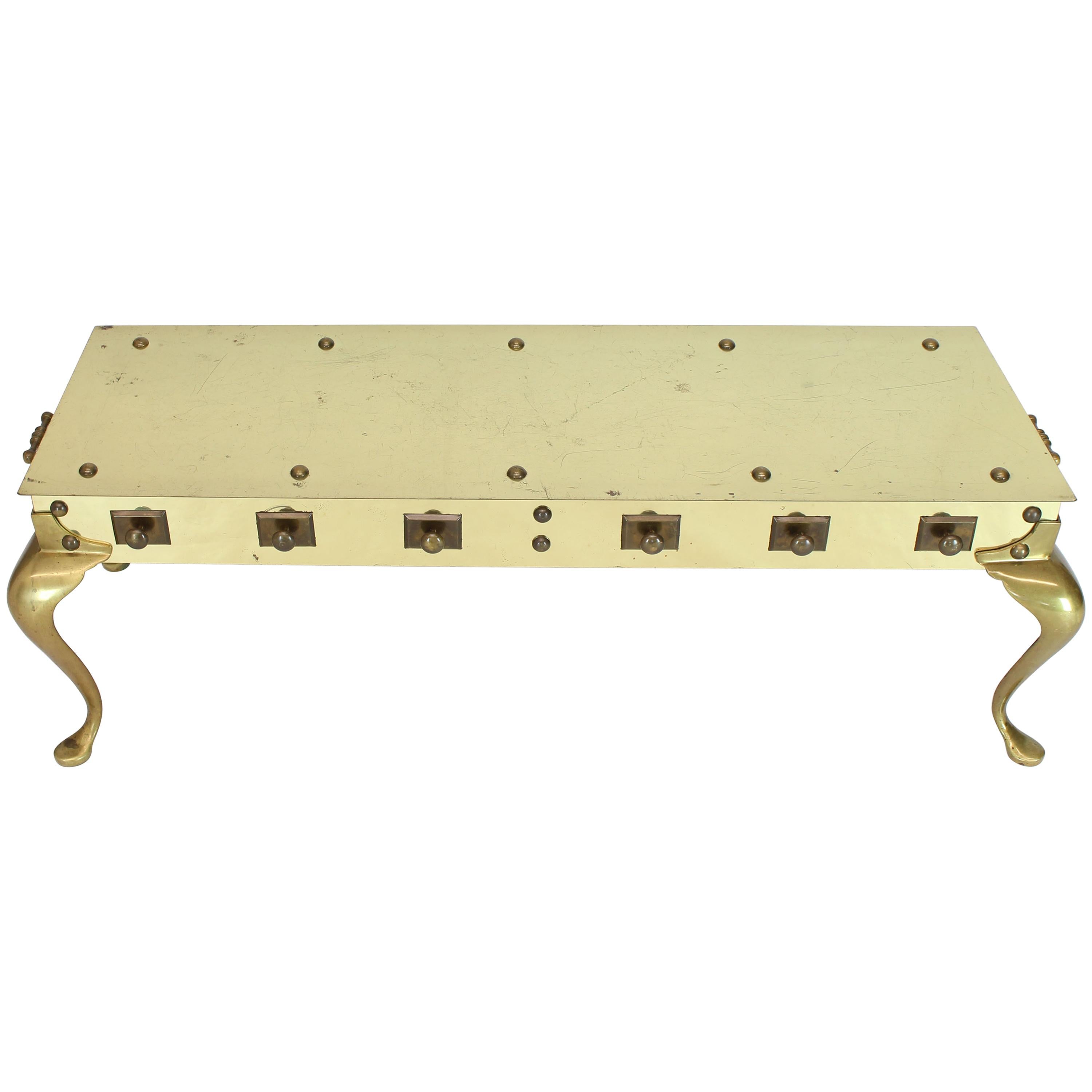 All Solid Brass Studded Rectangular Table with Carry Handles For Sale