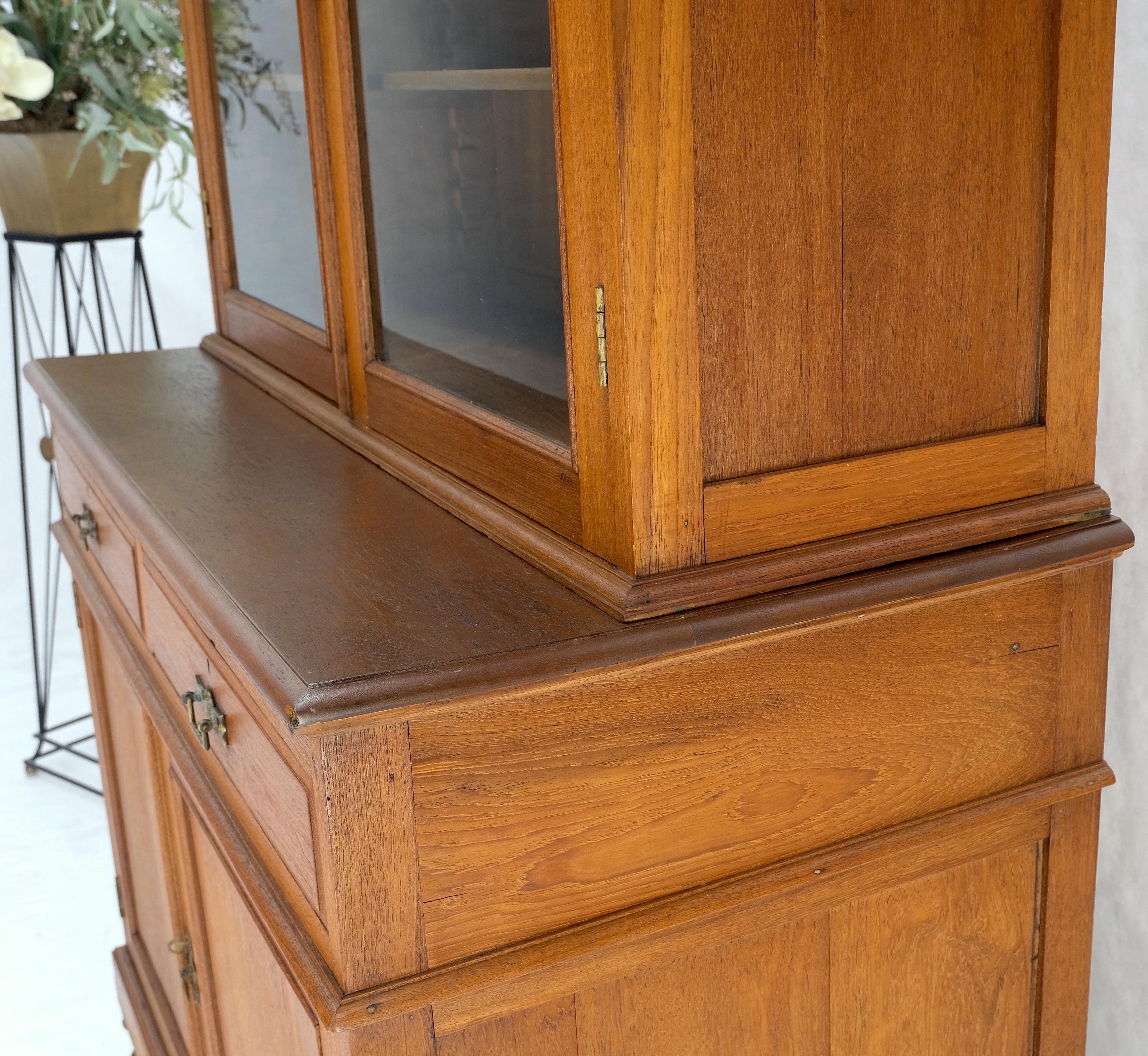 Arts and Crafts All Solid Teak Asian 1940s Carved Two Part Cupboard Hutch Breakfront Mint! For Sale