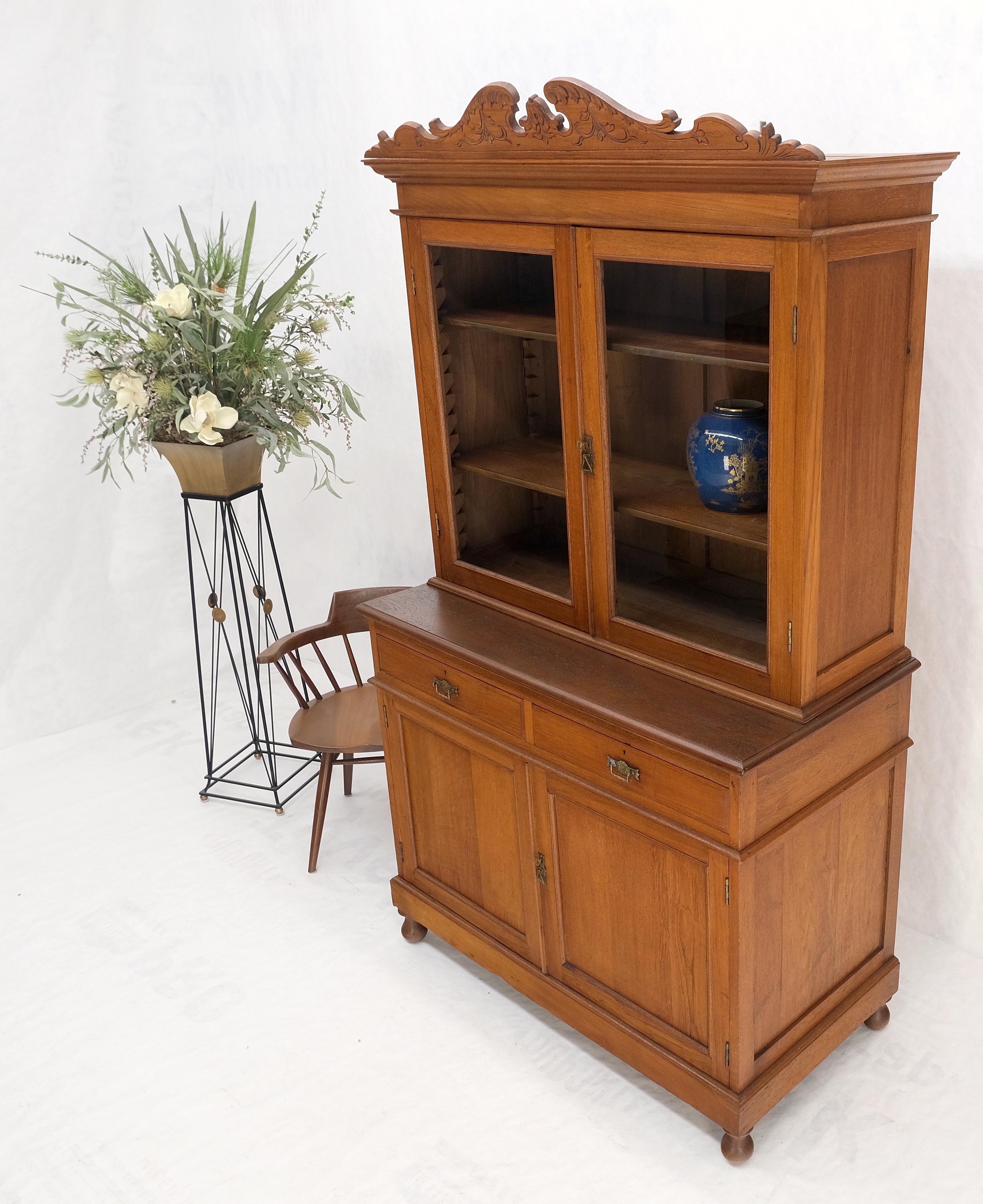 20th Century All Solid Teak Asian 1940s Carved Two Part Cupboard Hutch Breakfront Mint! For Sale