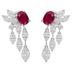 All Tariff Paid Ruby Marquise Cluster Diamond Drop Earrings 18 Karat White Gold