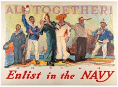 ALL TOGETHER! ENLIST IN THE NAVY Original Vintage Antique WWI World War Poster