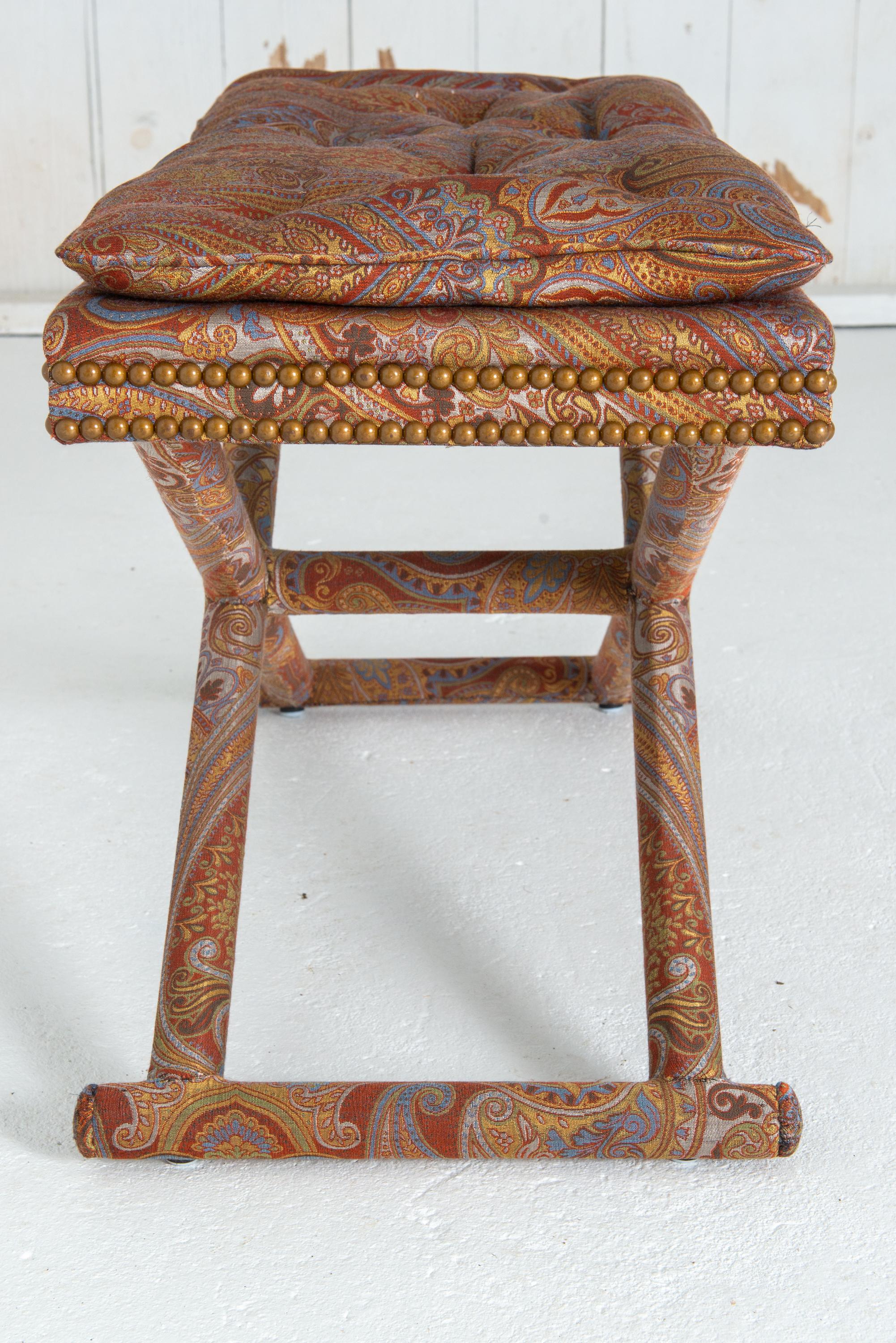 Métal All Upholstered X Form Base Paisley Bench, Billy Baldwin Style en vente