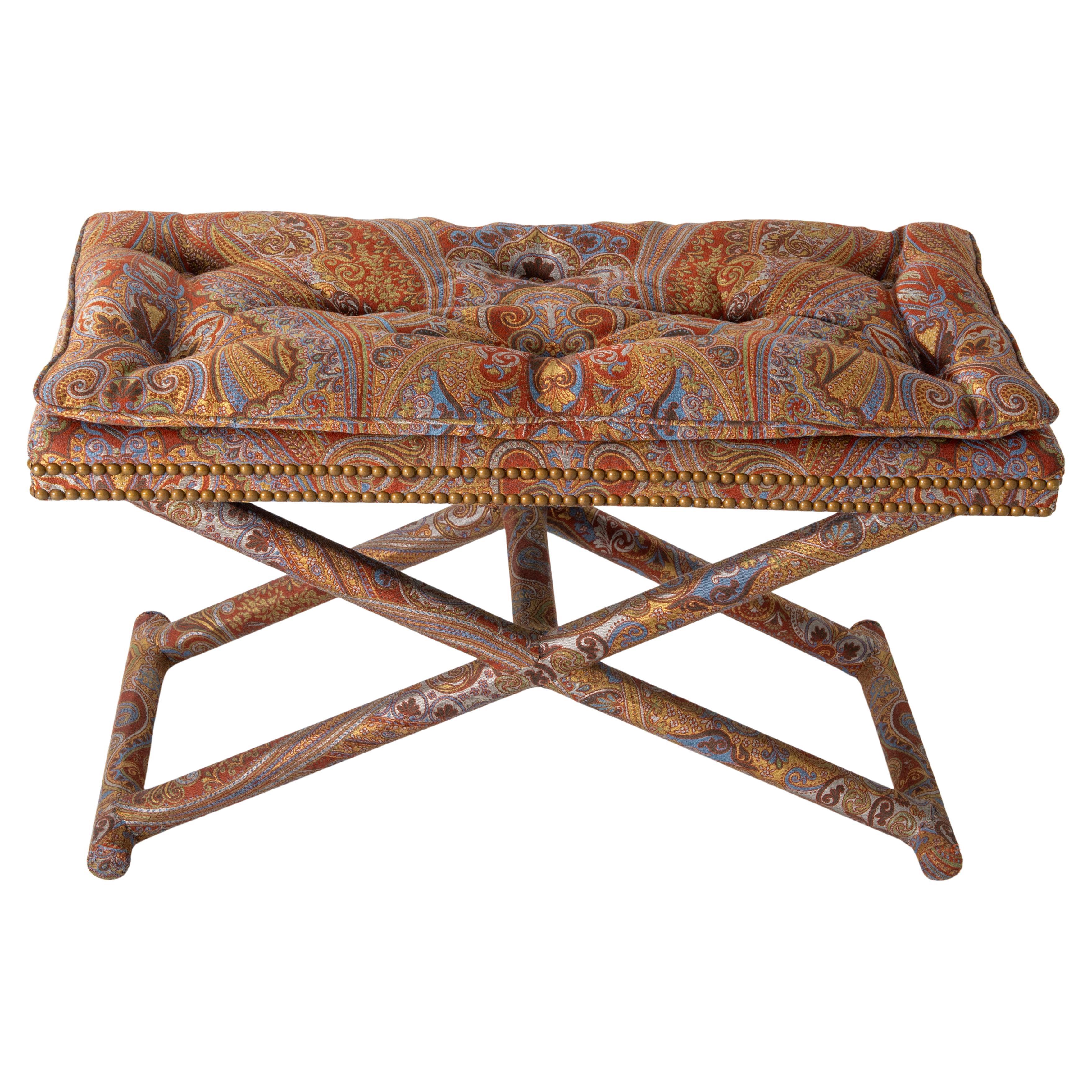 All Upholstered X Form Base Paisley Bench, Billy Baldwin Style en vente