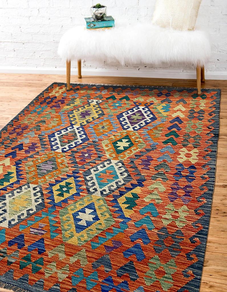 Fantastic quality, reversible, all wool with vegetable dyes.

Kilim, a word of Turkish origin, denotes a textile of many uses produced by one of several flatweaving techniques. They have a common or closely related heritage in the areas of Turkey,