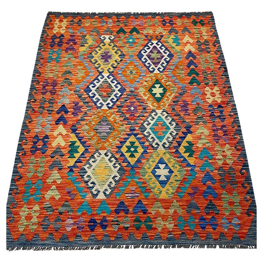 All Wool Colorful Kilim 5' 1" x 6' 4" For Sale