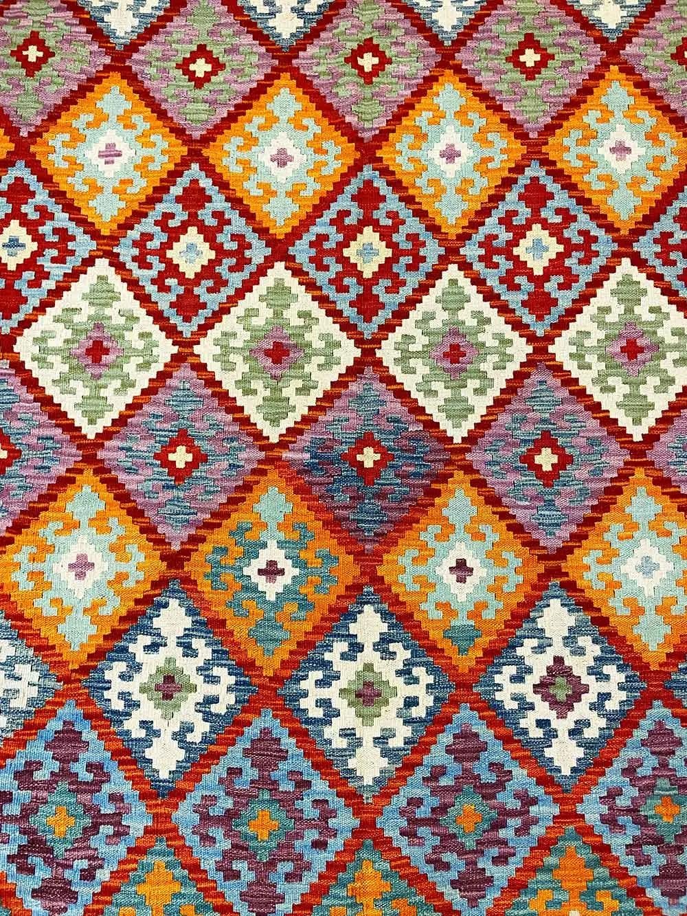 Afghan All Wool Colorful Kilim 6′ 9″ x 9′ 9″ For Sale