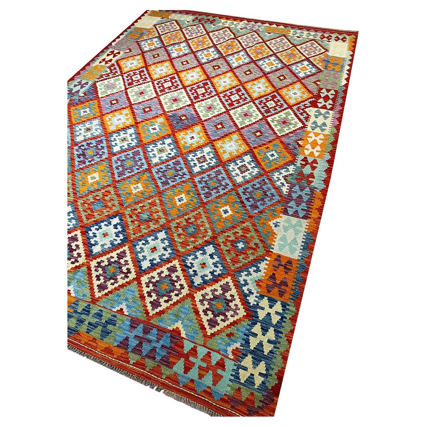 All Wool Colorful Kilim 6′ 9″ x 9′ 9″ For Sale