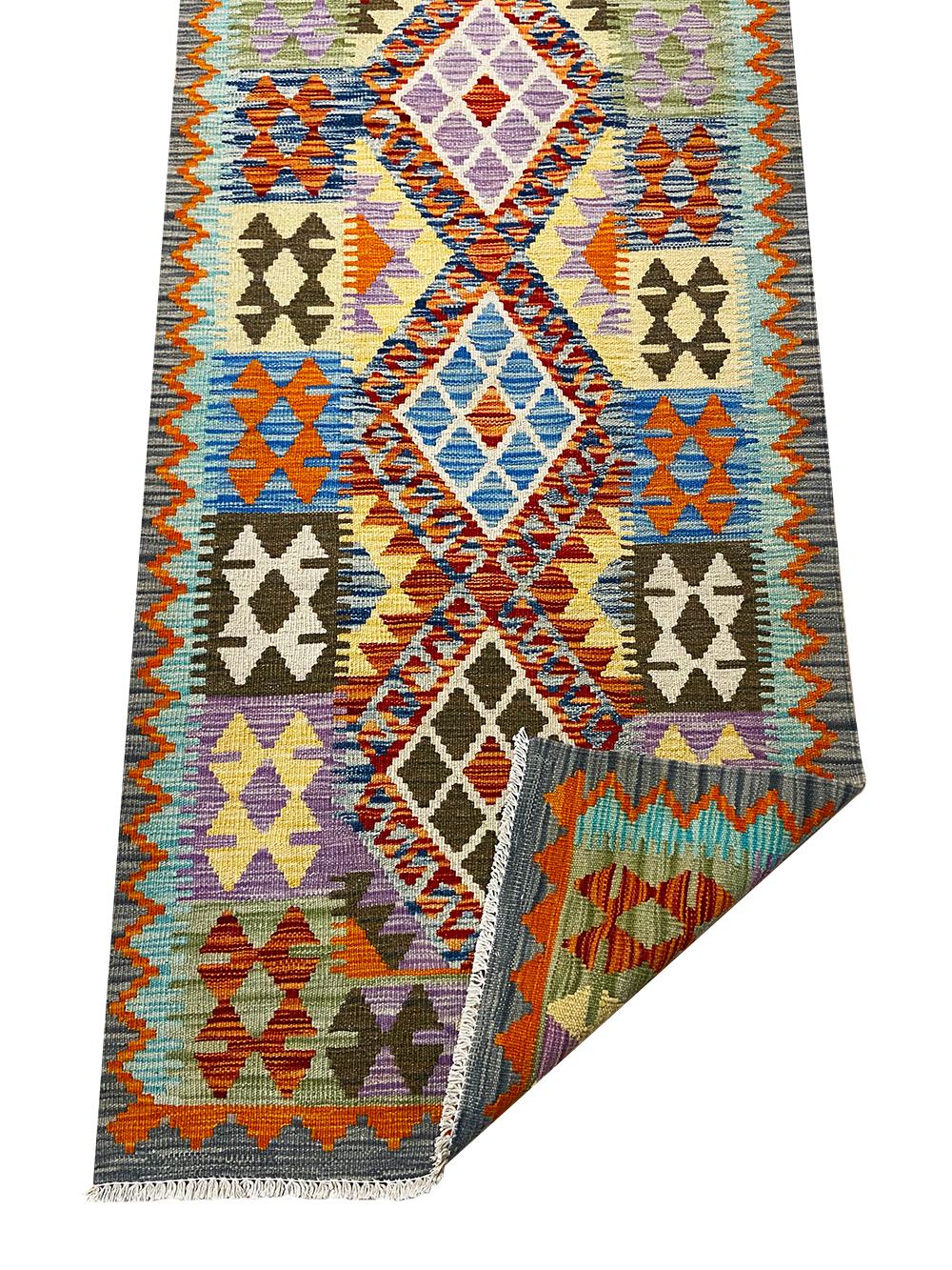 Afghan All Wool Colorful Kilim Runner 2′ 10″ x 9′ 1″ For Sale