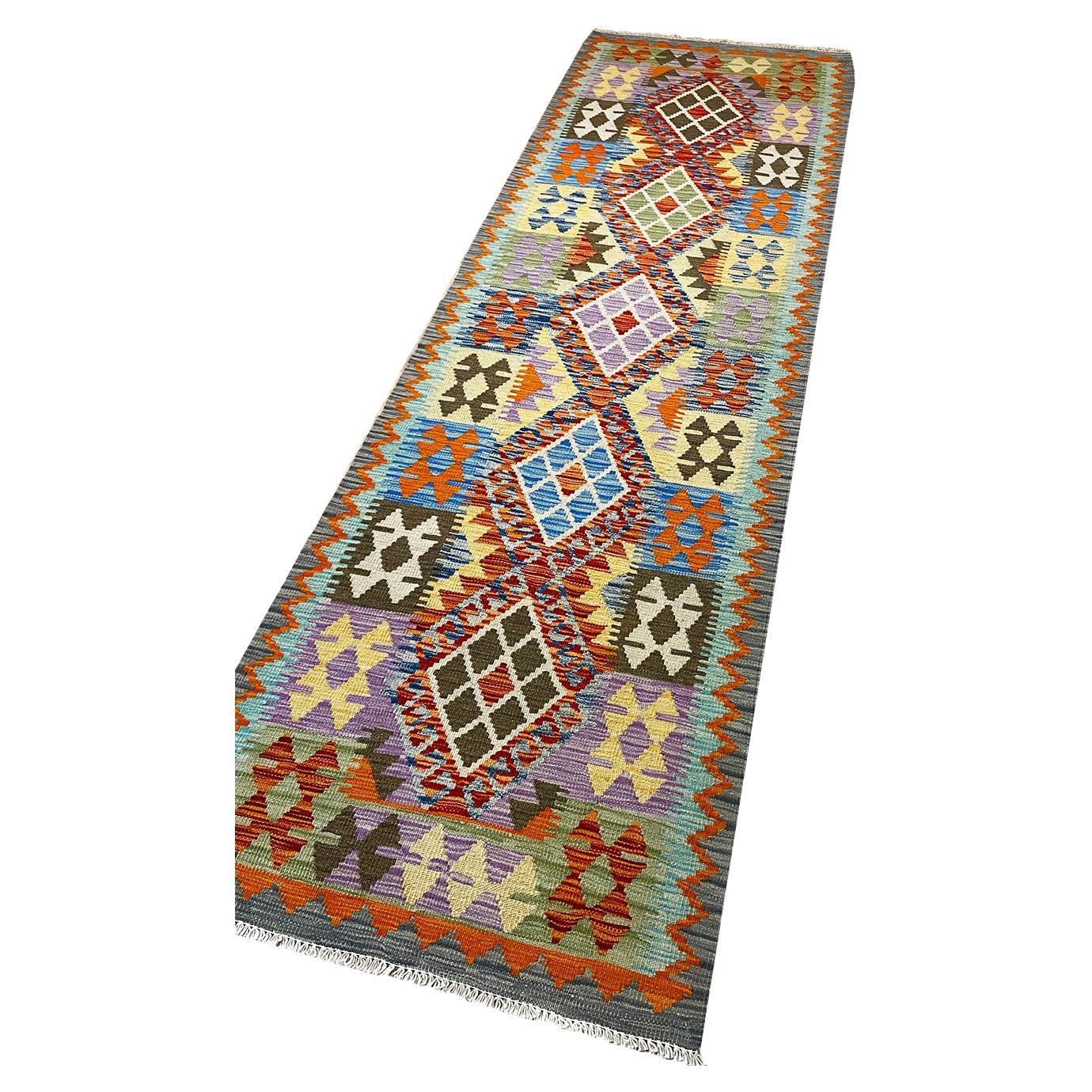 All Wool Colorful Kilim Runner 2′ 10″ x 9′ 1″ For Sale
