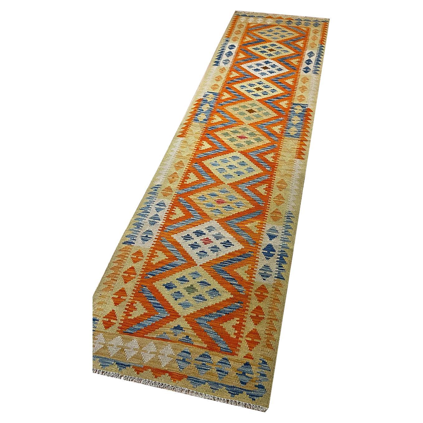 All Wool Colorful Kilim Runner 2′ 10″ x 9′ 6″ For Sale