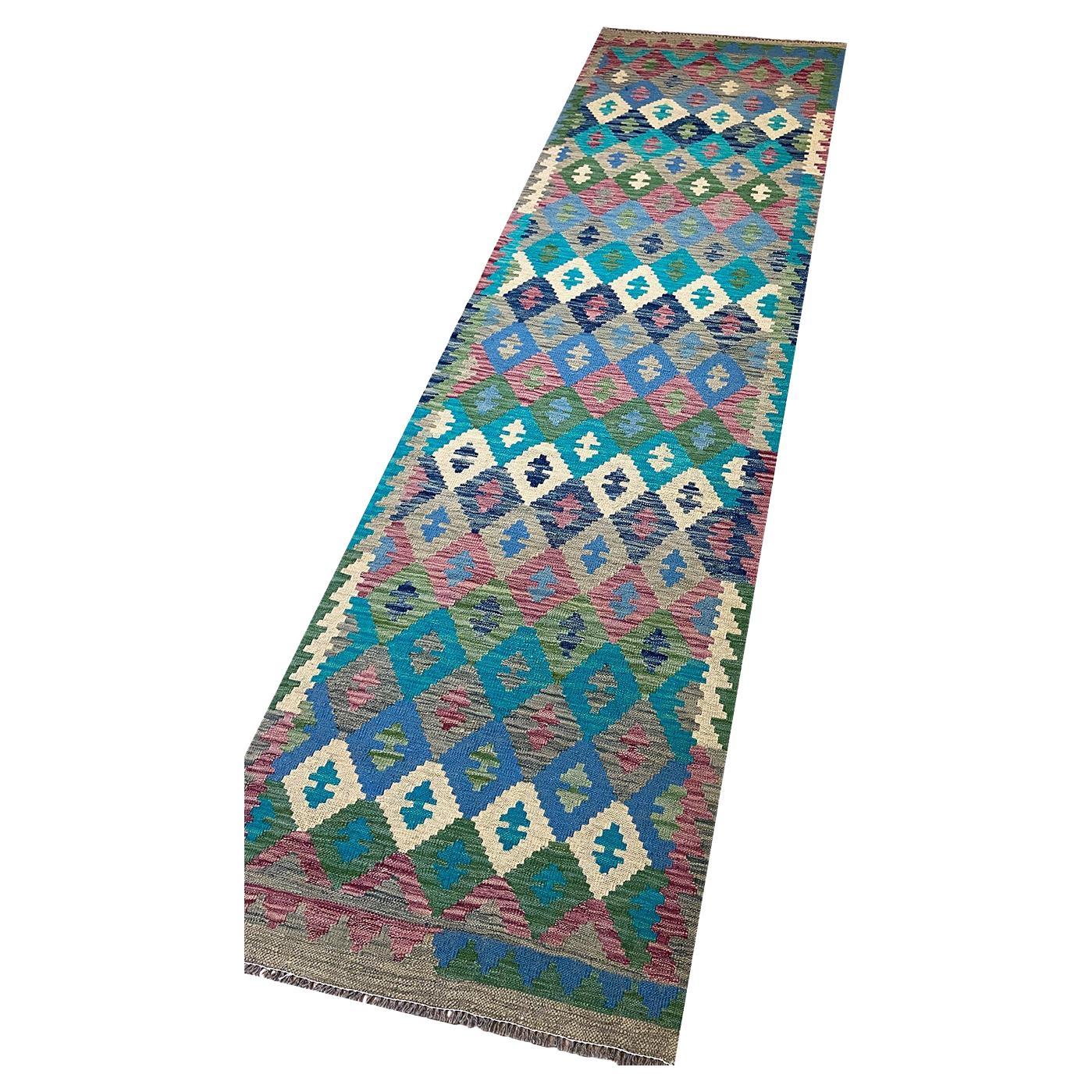 All Wool Colorful Kilim Runner 2′ 10″ x 9′ 7″ For Sale