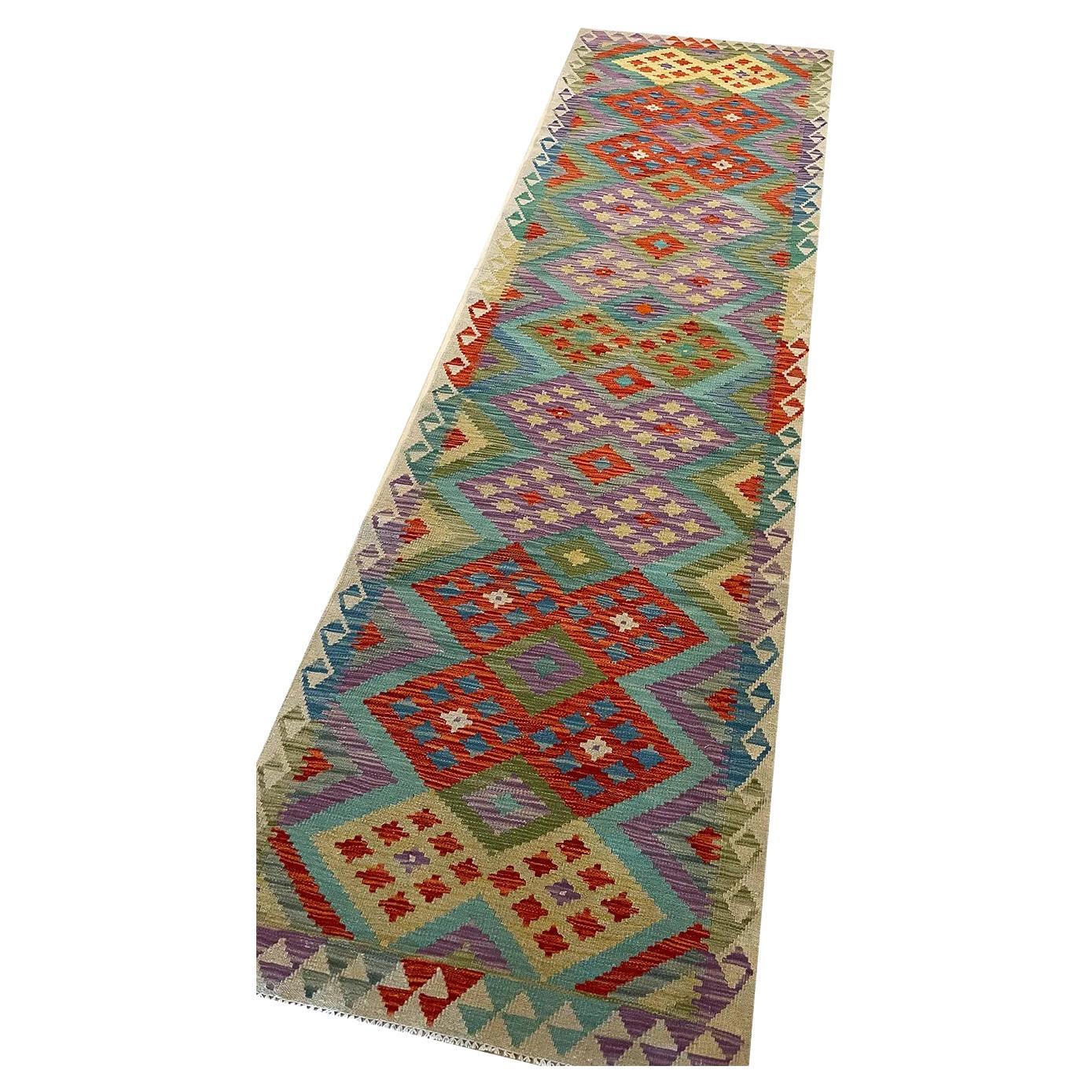 All Wool Colorful Kilim Runner 2' 10" x 9' 9" For Sale