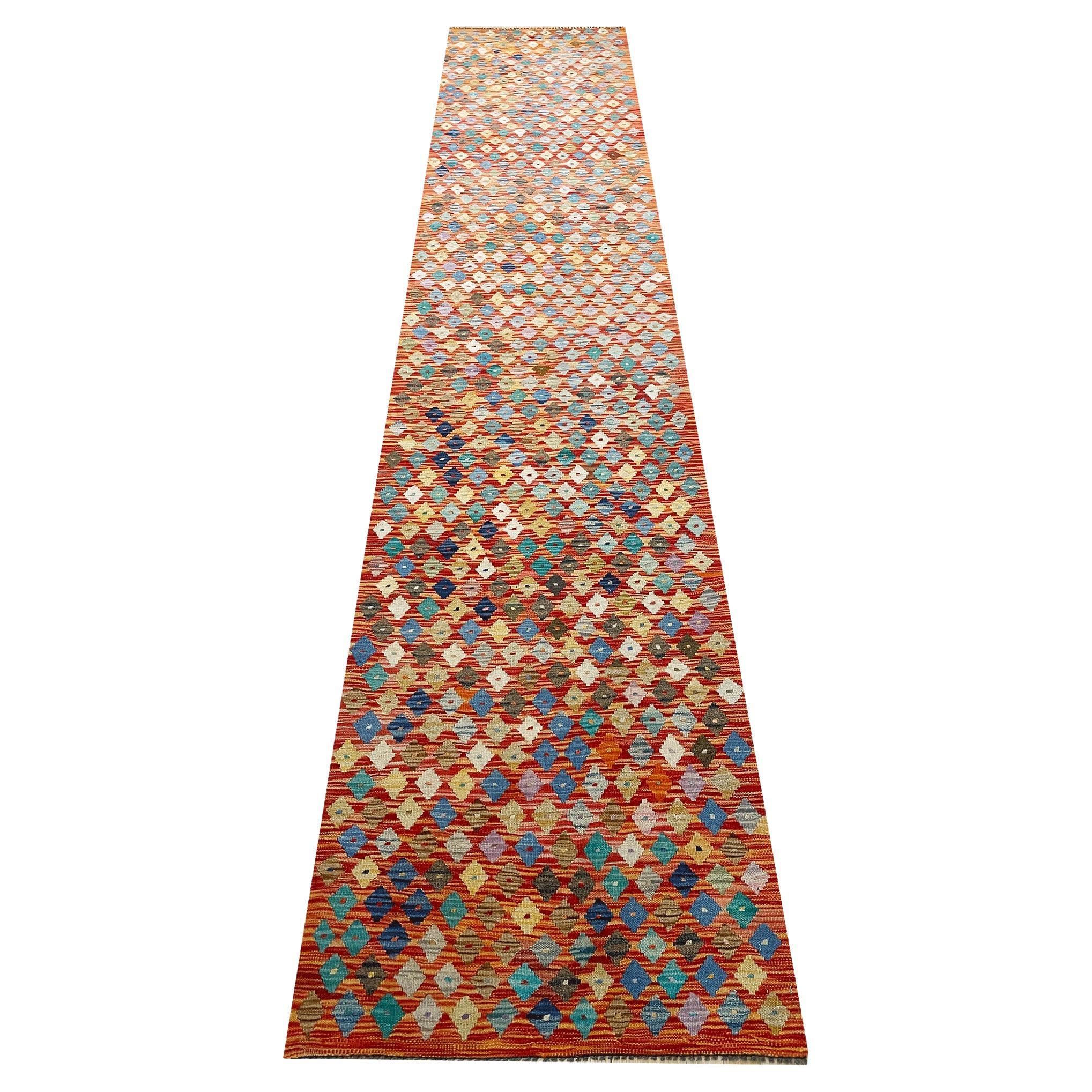 All Wool Colorful Kilim Runner 2′ 8″ x 12′ 9″ For Sale